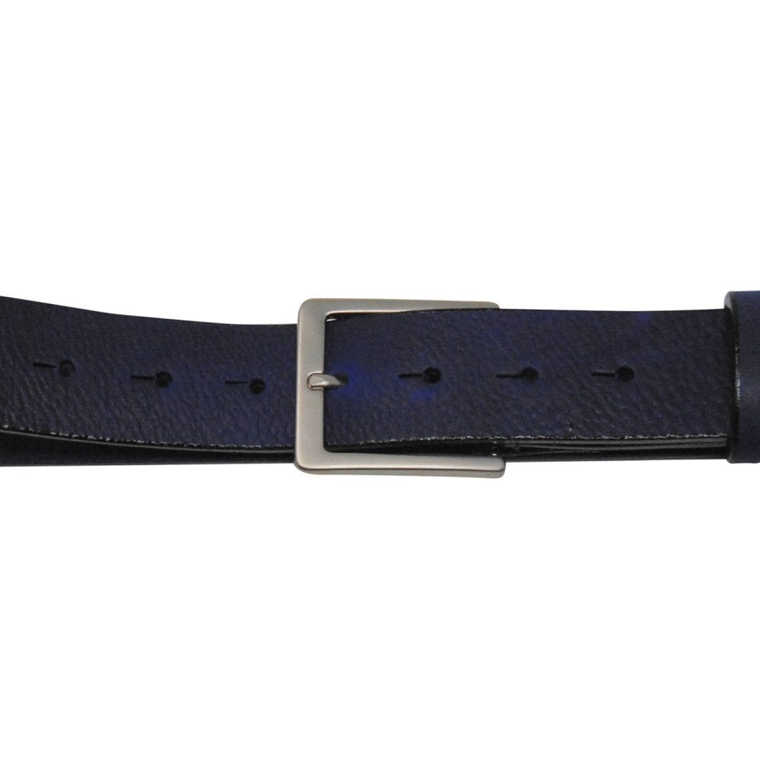 Mens blue leather jeans belt with a brushed silver buckle Hip