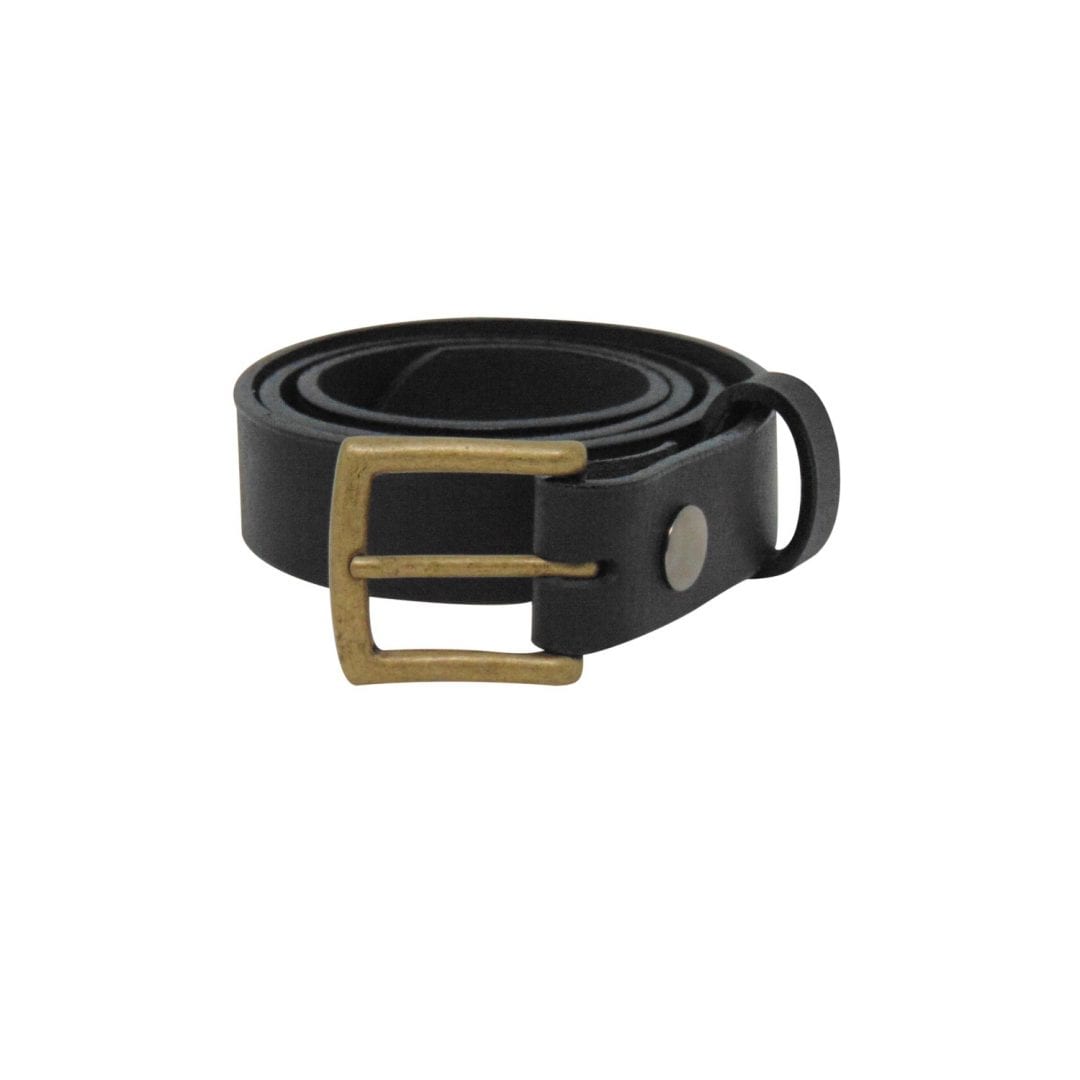 Mens black leather dress belt with a brushed brass buckle Hip