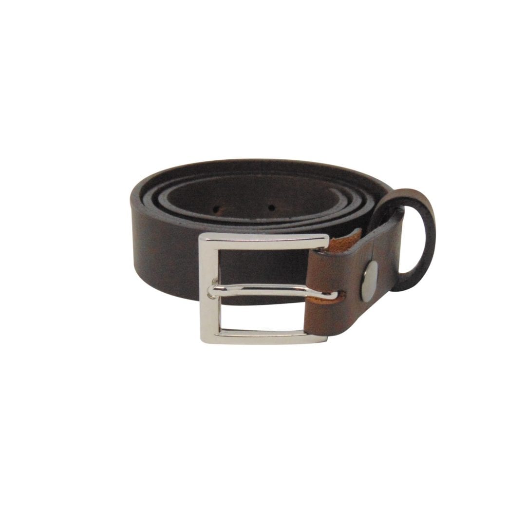 Mens brown leather dress belt with a chrome buckle Hip & Waisted