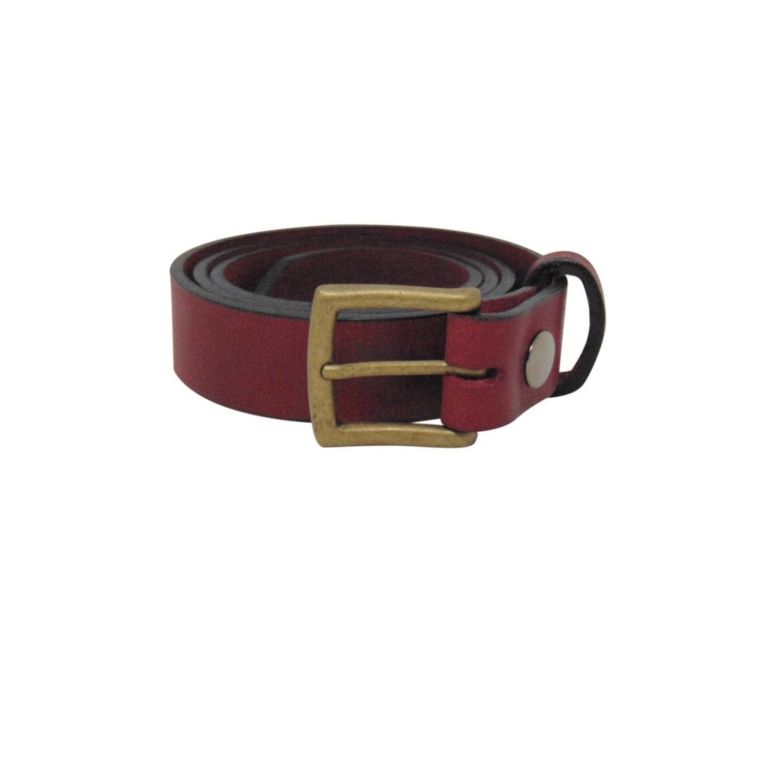 Mens burgundy leather dress belt with a brushed brass buckle Hip