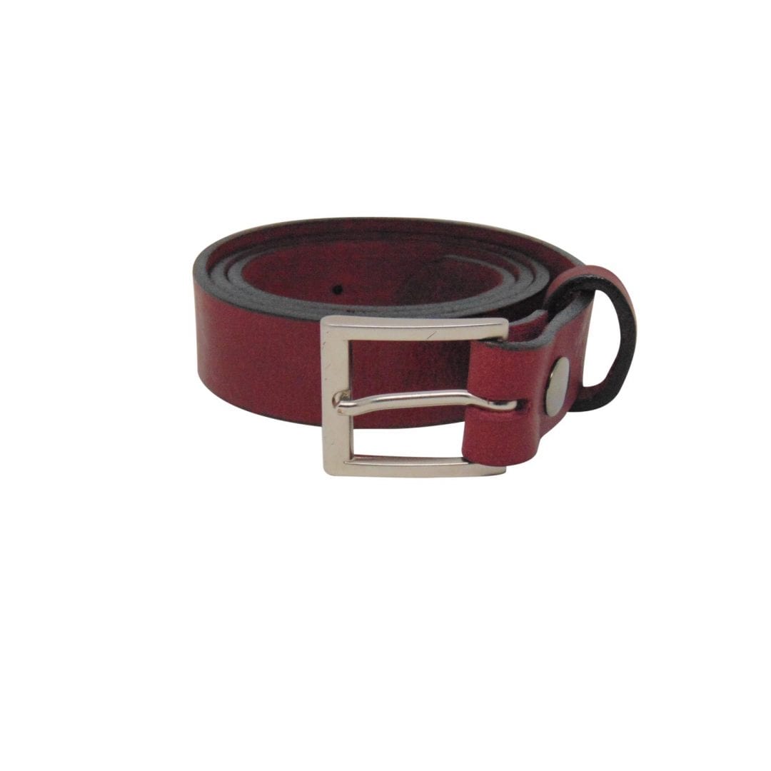 Mens burgundy leather dress belt with a brushed silver buckle Hip