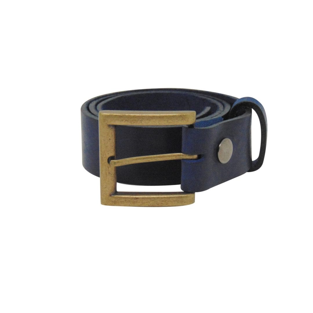 Mens blue leather jeans belt with a brushed brass buckle - Hip ...