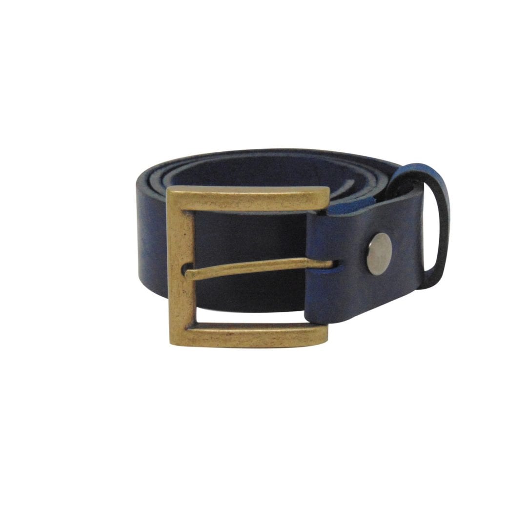 Mens blue leather jeans belt with a brushed brass buckle Hip