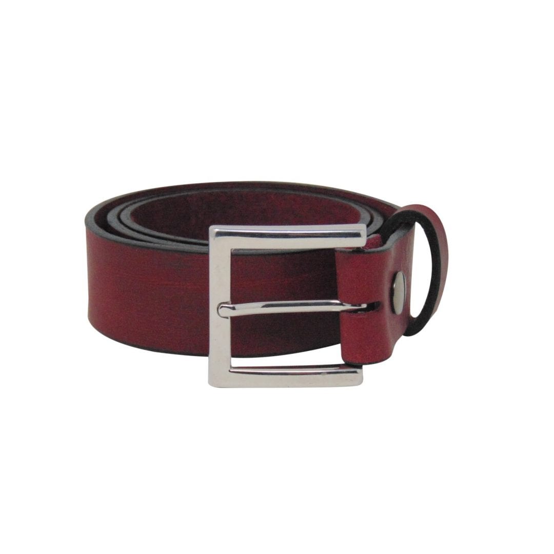 Mens burgundy leather jeans belt with a chrome buckle Hip & Waisted