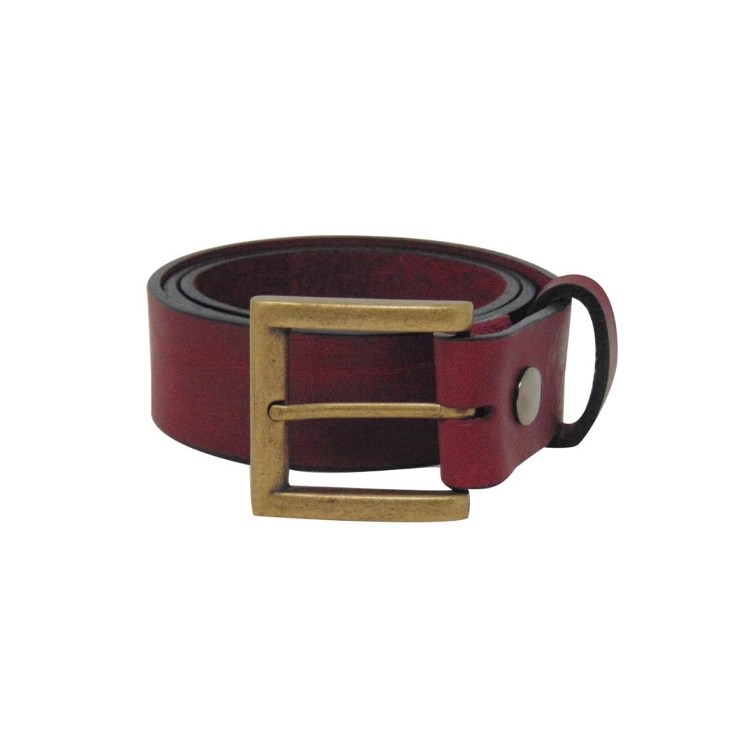 Mens burgundy leather jeans belt with a brushed brass buckle Hip