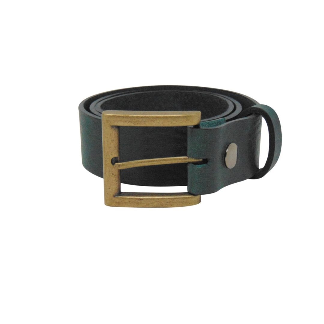 Mens green leather jeans belt with a brushed brass buckle Hip