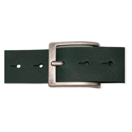 Mens green leather jeans belt with brushed silver buckle
