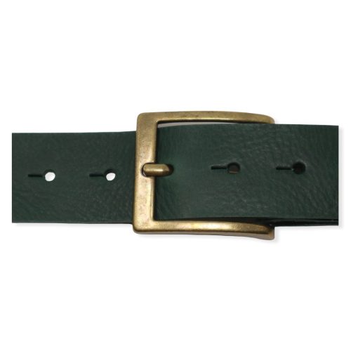 Mens green leather jeans belt with brushed brass buckle