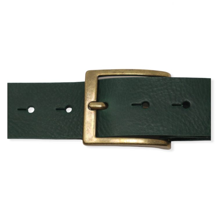 Mens green leather jeans belt with brushed brass buckle Hip & Waisted