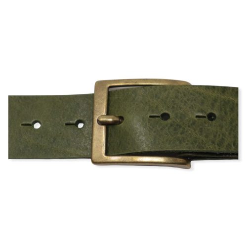Mens olive green leather jeans belt with brushed brass buckle