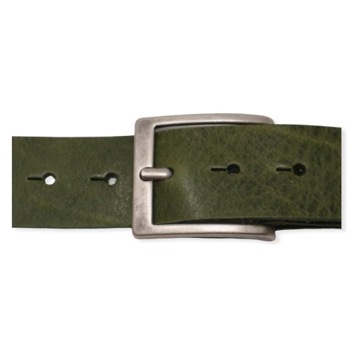 Mens olive green leather jeans belt with brushed silver buckle