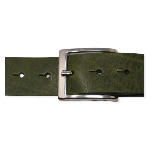 Mens olive green leather jeans belt with chrome buckle