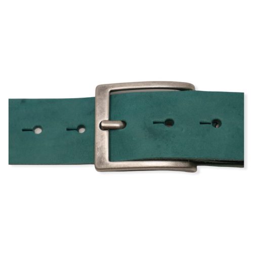 Mens teal leather jeans belt with brushed silver buckle