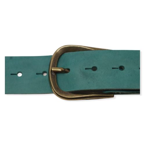 Womens teal leather jeans belt with brushed brass buckle