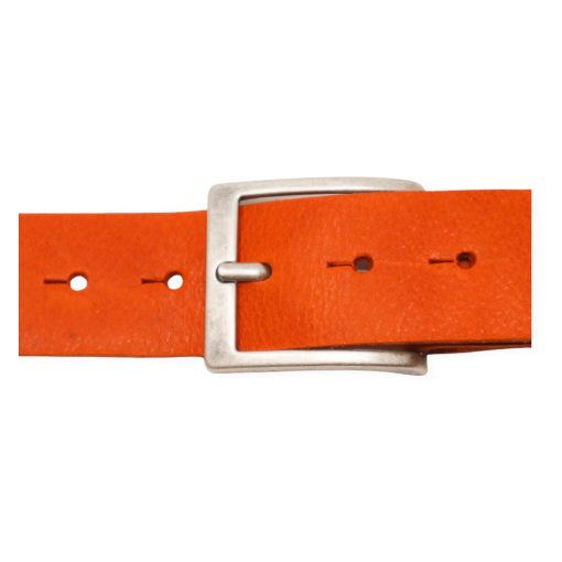 Mens orange leather jeans belt with brushed silver buckle