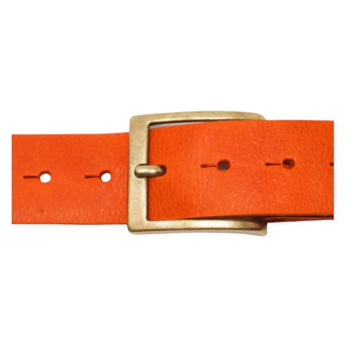 Mens orange leather jeans belt with brushed brass buckle