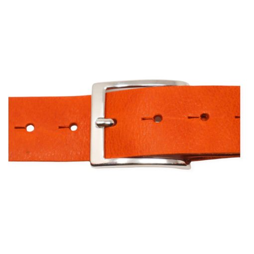 Mens orange leather jeans belt with chrome brass buckle
