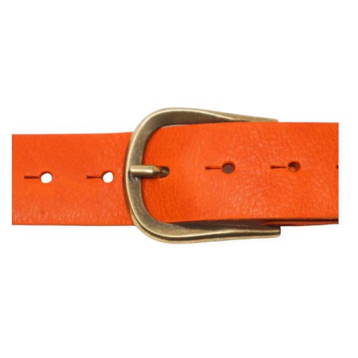 Womens orange leather jeans belt with brushed brass buckle