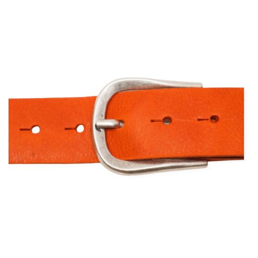 Womens orange leather jeans belt with brushed silver buckle