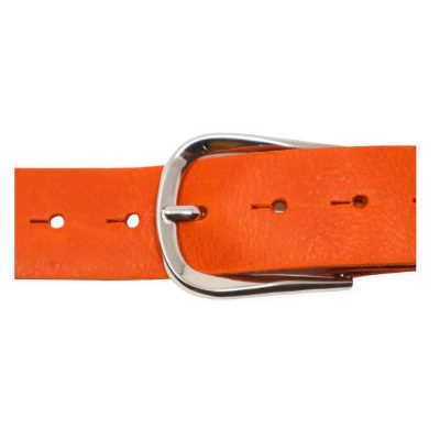 Womens orange leather jeans belt with chrome buckle