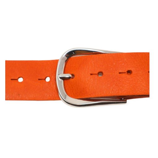 Womens orange leather jeans belt with chrome buckle