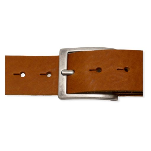 Mens tan leather jeans belt with brushed silver buckle