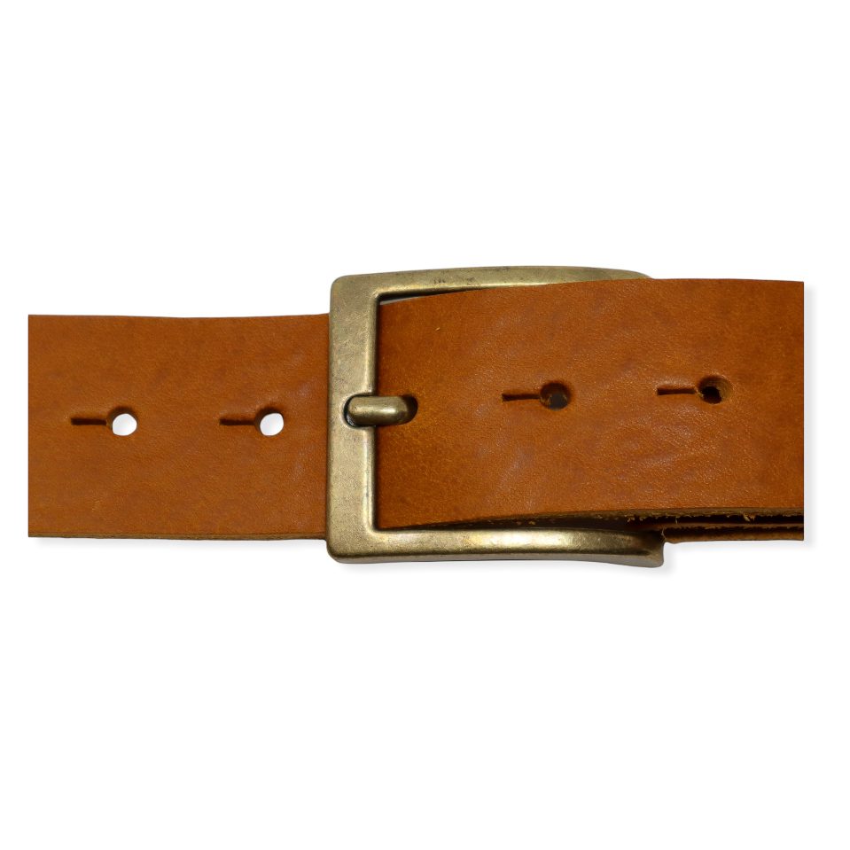 Mens tan leather jeans belt with brushed brass buckle - Hip & Waisted