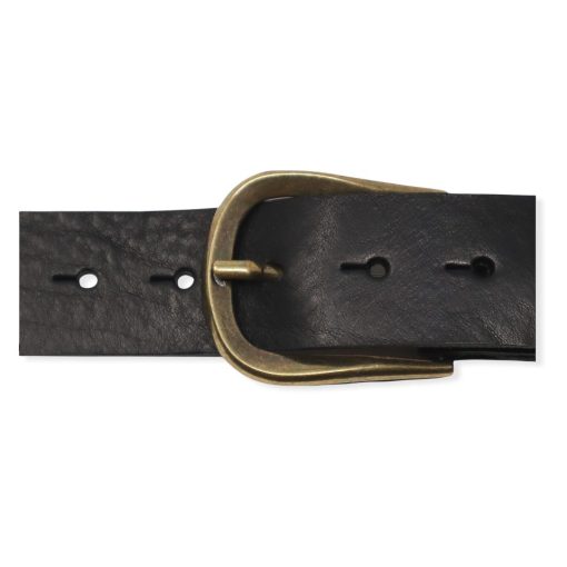 Womens black leather jeans belt with brushed brass buckle