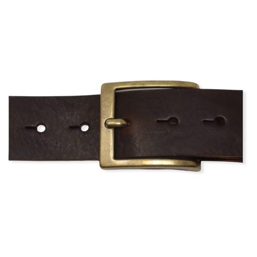 Mens dark brown leather jeans belt with brushed brass buckle