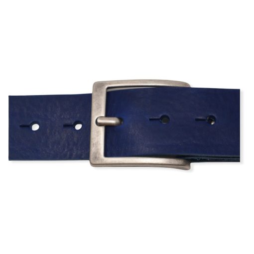 Mens blue leather jeans belt with brushed silver buckle Hip & Waisted