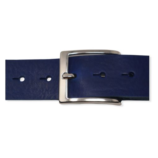 Mens blue leather jeans belt with chrome buckle
