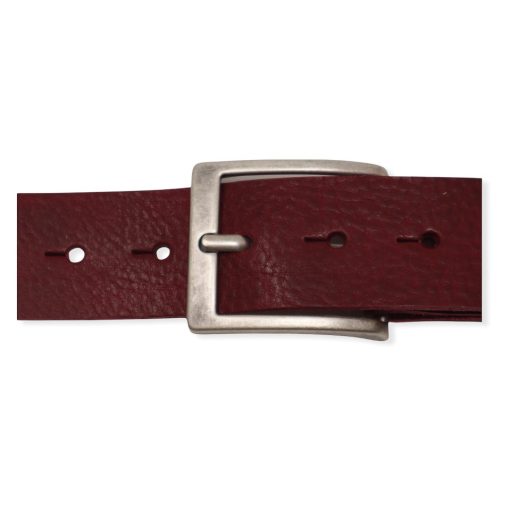 Mens burgundy leather jeans belt with brushed silver buckle