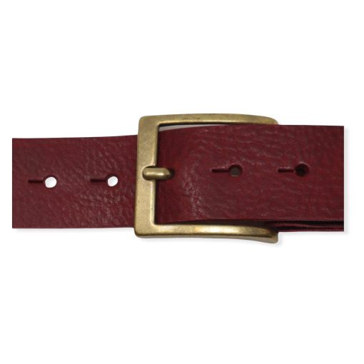 Mens burgundy leather jeans belt with brushed brass buckle
