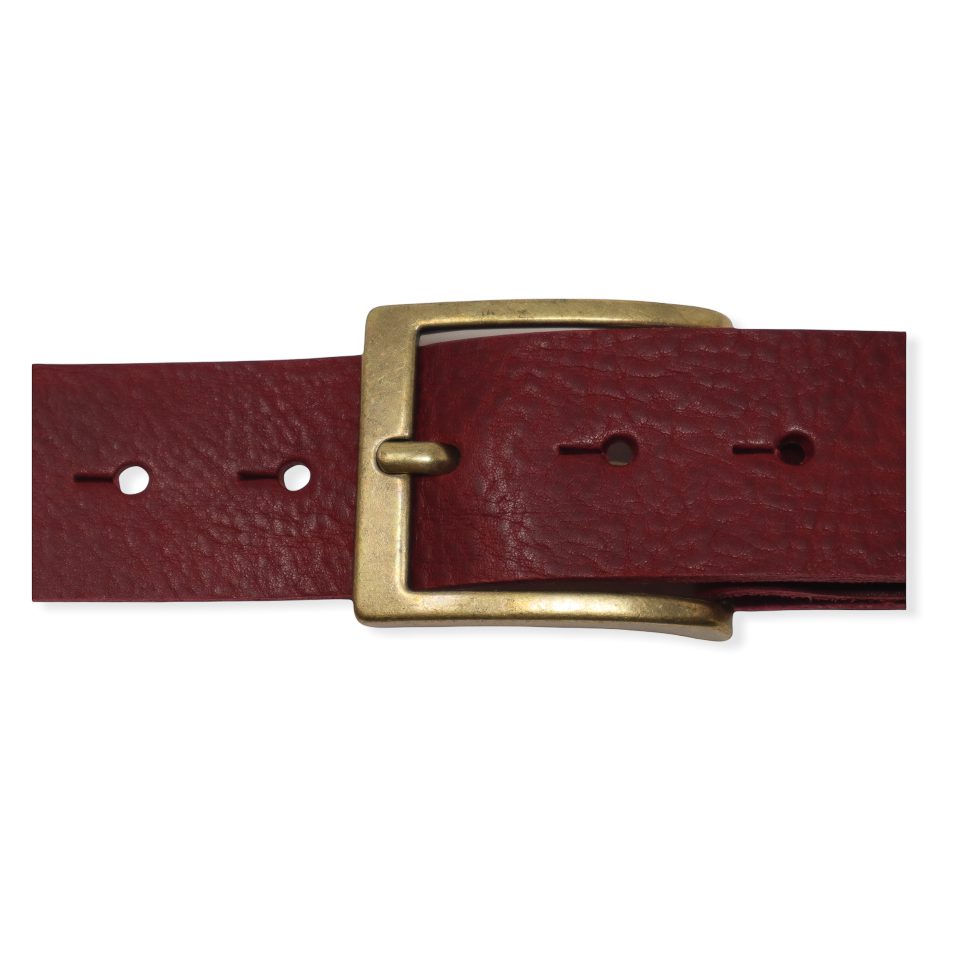 Mens burgundy leather jeans belt with brushed brass buckle - Hip ...