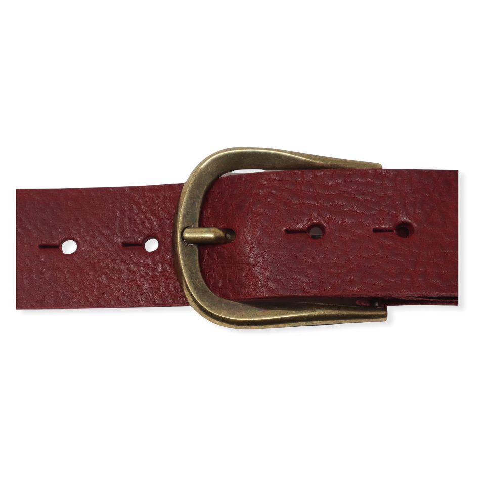 Womens burgundy leather jeans belt with brushed brass buckle - Hip ...
