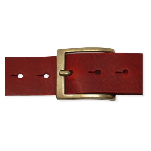 Mens red leather jeans belt with brushed brass buckle