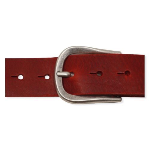 Womens red leather jeans belt with brushed silver buckle