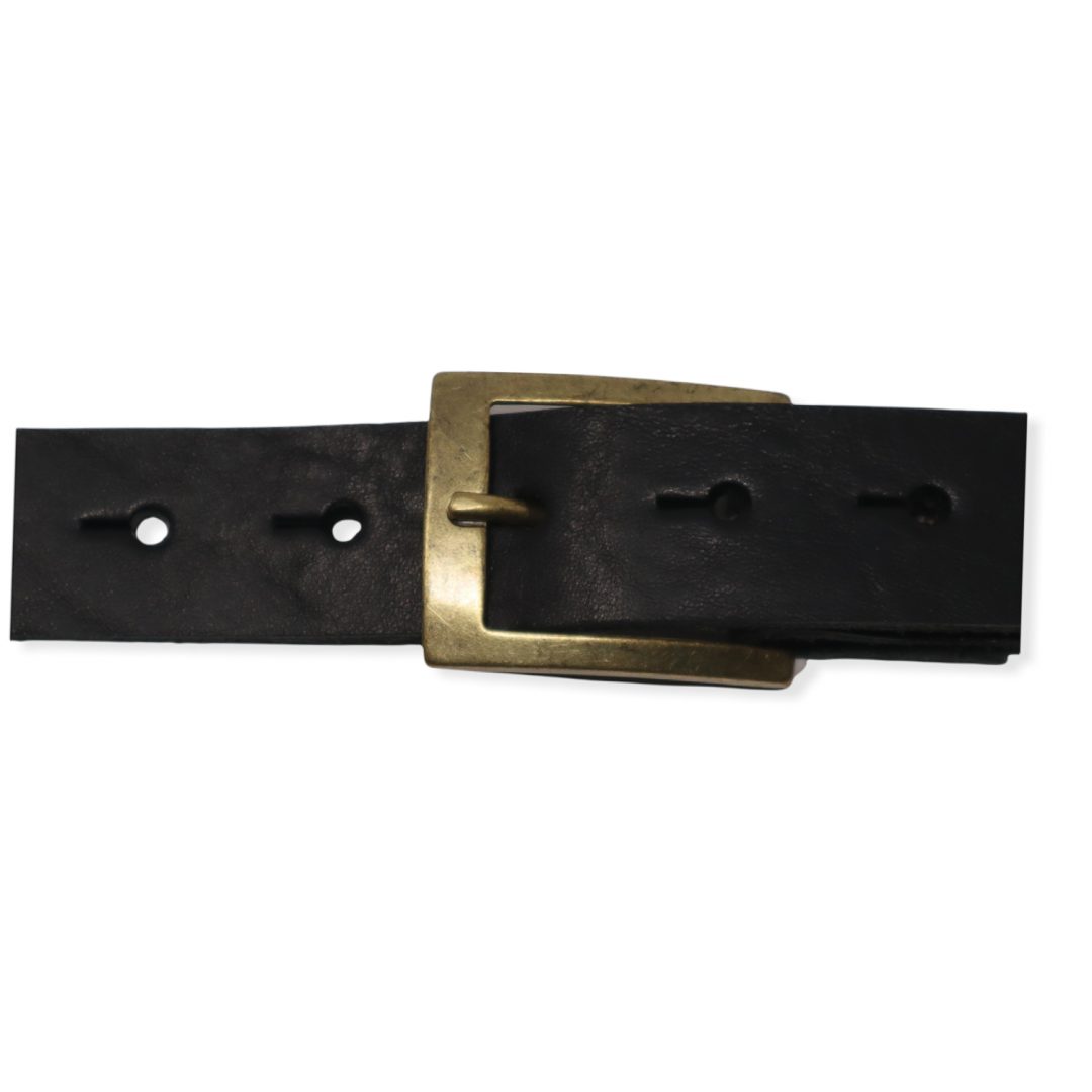 Mens black leather dress belt with brushed brass buckle - Hip & Waisted