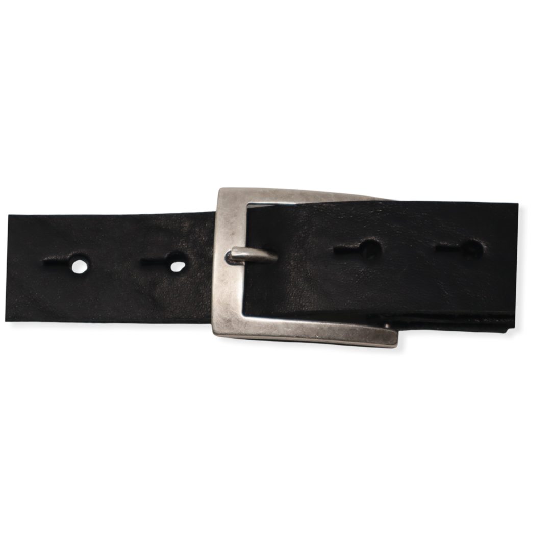 Mens black leather dress belt with brushed silver buckle - Hip ...