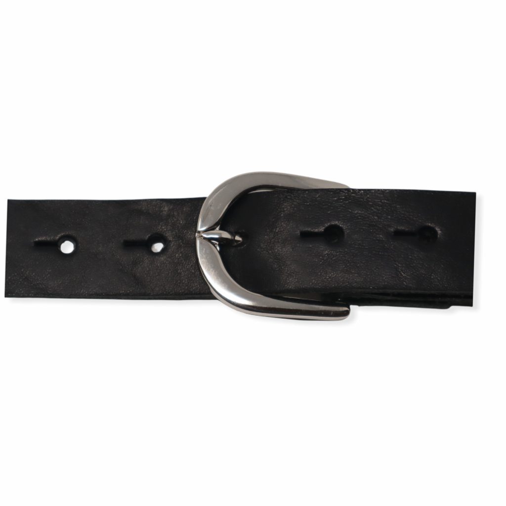 Womens black leather dress belt with chrome buckle Hip & Waisted