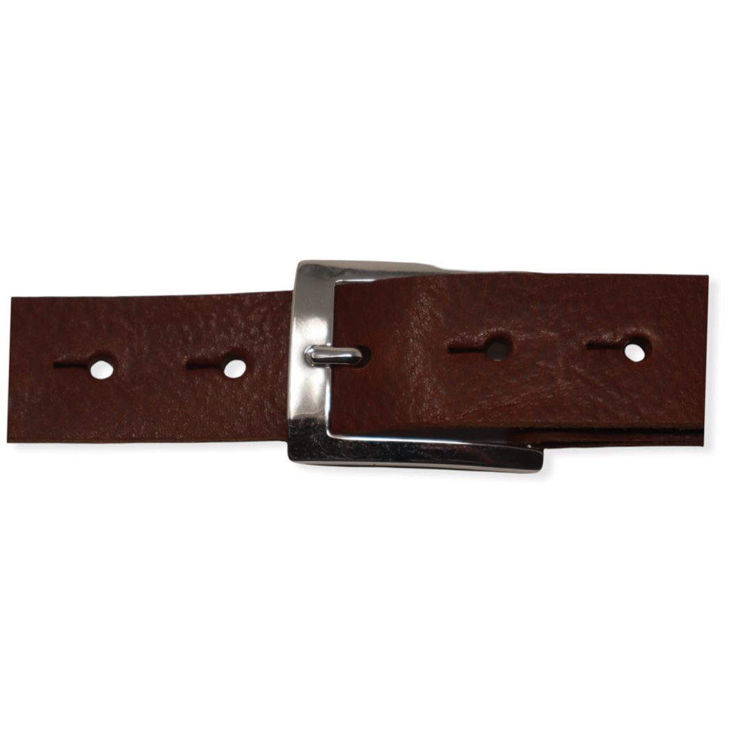 Mens mid brown leather dress belt with chrome buckle - Hip & Waisted ...