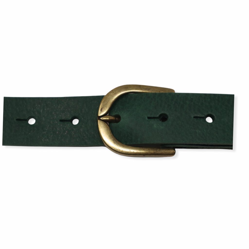 Womens green leather dress belt with brushed brass buckle Hip