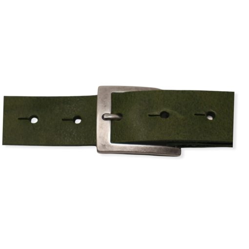 Mens olive green leather dress belt with brushed silver buckle