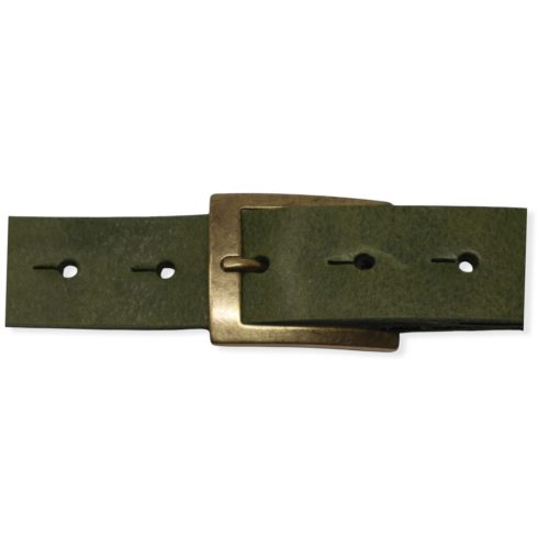 Mens olive green leather dress belt with brushed brass buckle