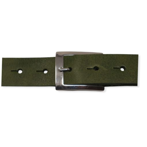 Mens olive green leather dress belt with chrome buckle