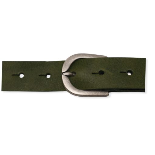 Womens olive green leather dress belt with brushed silver buckle