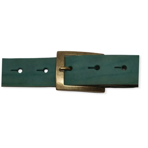 Mens teal leather dress belt with brushed brass buckle