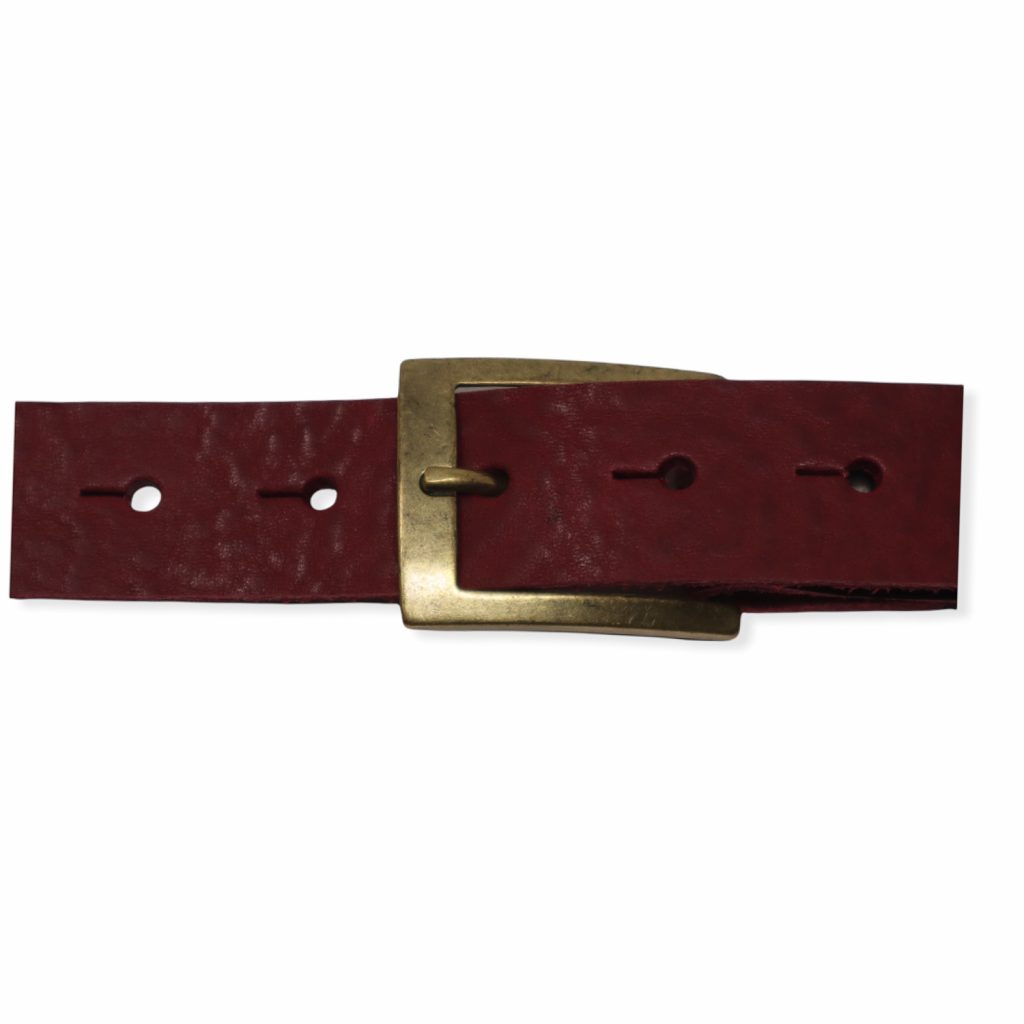 Mens burgundy leather dress belt with brushed brass buckle Hip