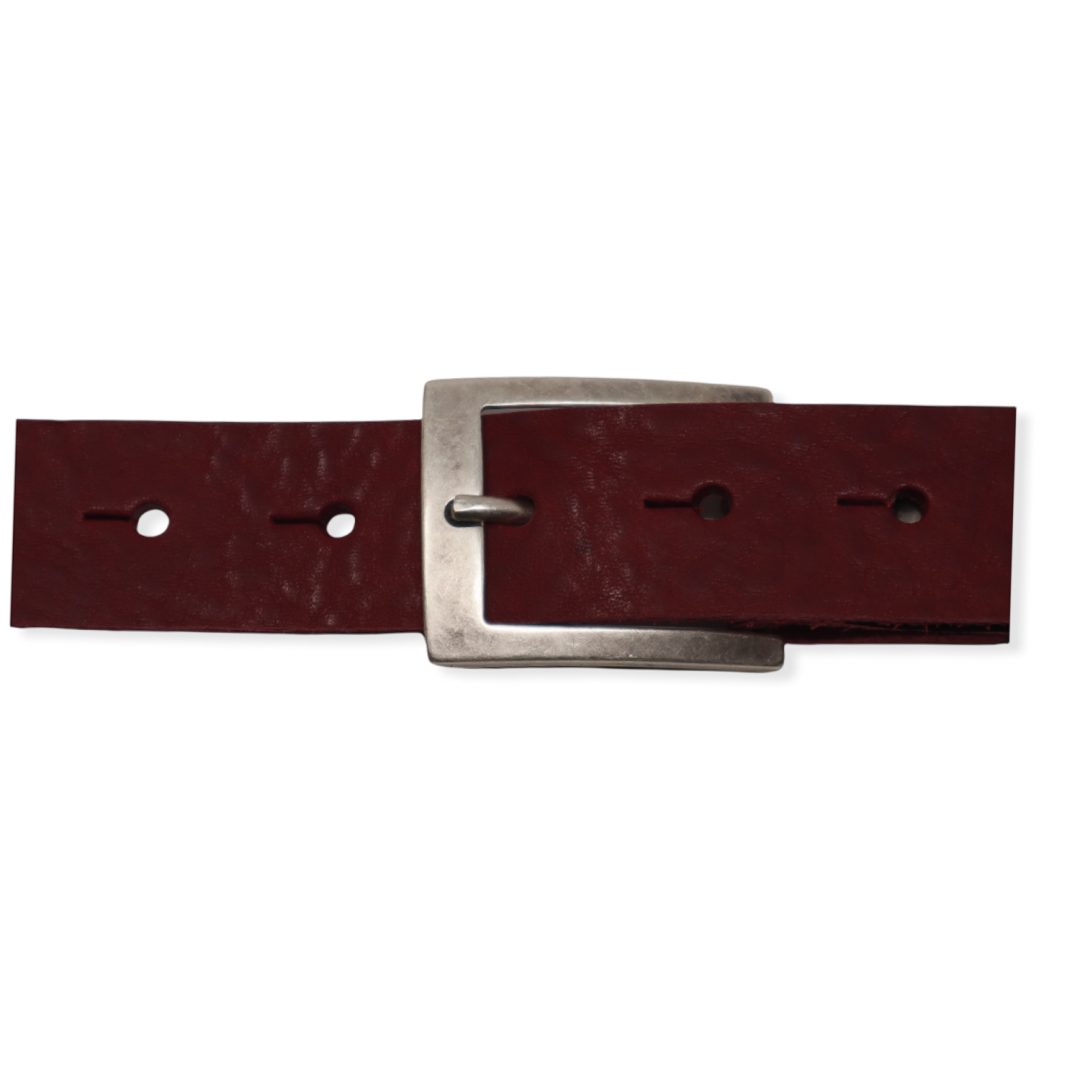 Mens burgundy leather dress belt with brushed silver buckle - Hip ...