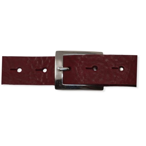 Mens burgundy leather dress belt with chrome buckle